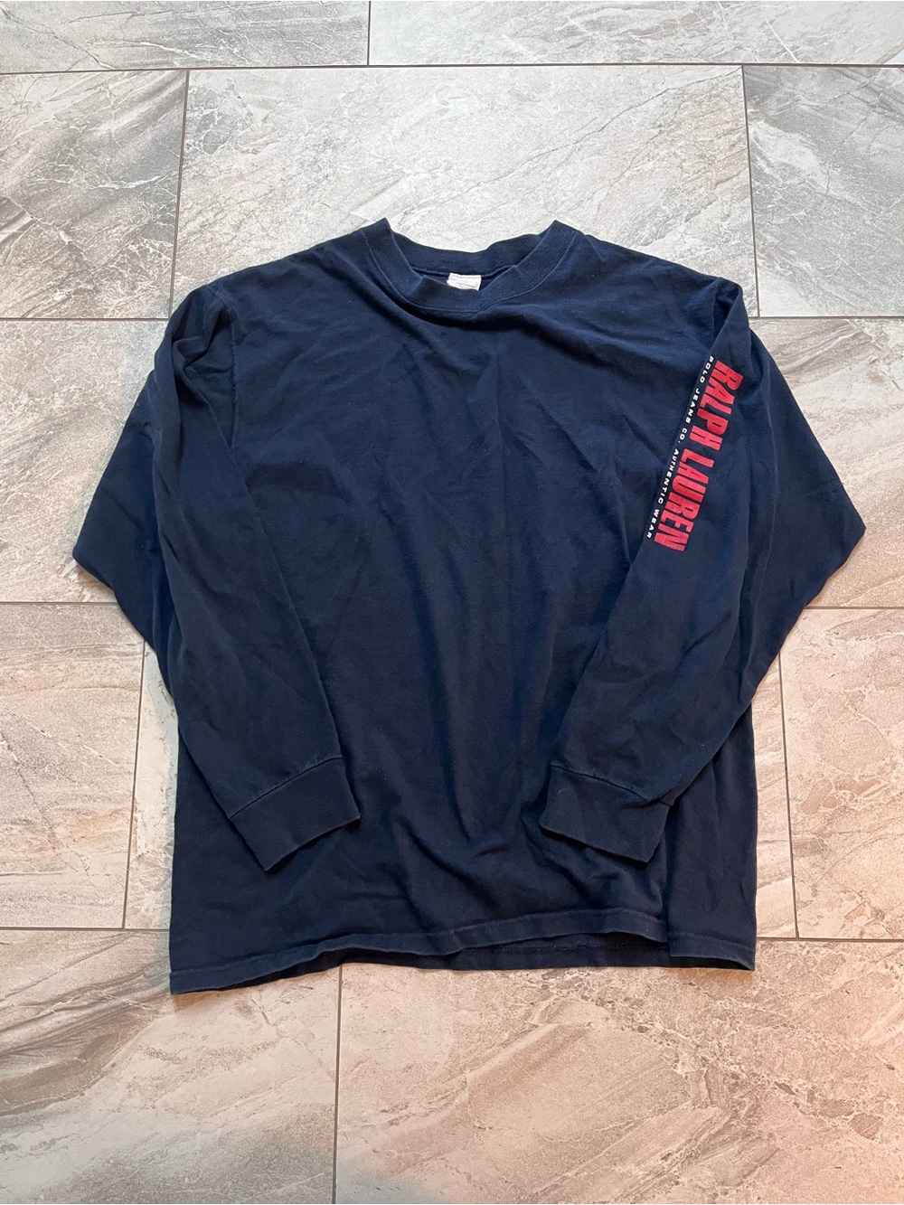 1990s Polo Ralph Lauren Navy Long-Sleeve Tee with Red Sleeve Logo